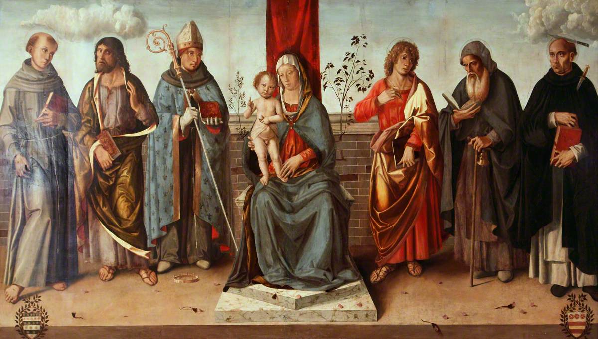 Vierge à l'Enfant en majesté avec les saints François, Matthieu, Louis de Toulouse (à gauche), Jean l'Évangéliste, Antoine l'Abbé et Pierre Martyr (à droite) - Marco Palmezzano image 1 reproduction artisanale de tableau