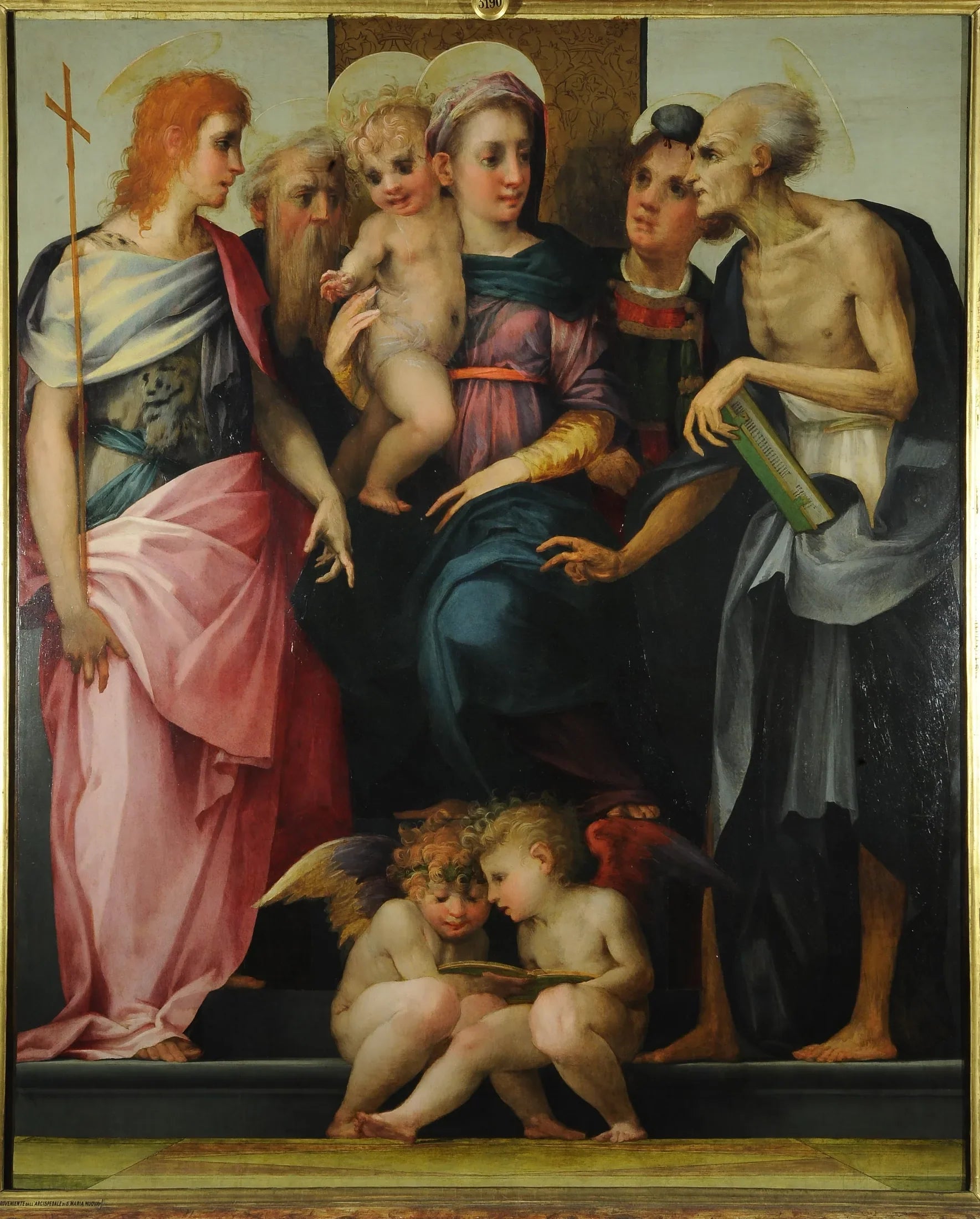 Vierge à l'Enfant en majesté avec les saints Jean baptiste, Antoine abbé, Étienne et Jérôme - Rosso Fiorentino image 1 tableau peint à l’huile sur toile