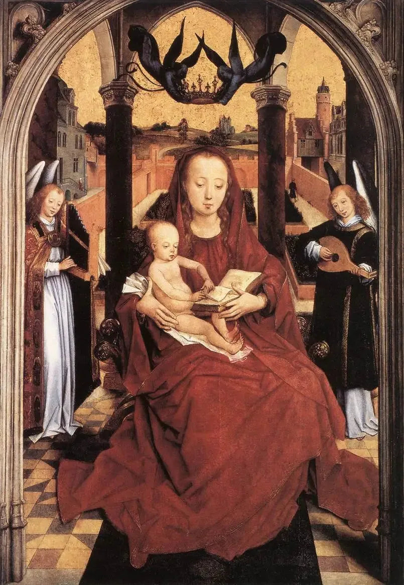 Vierge à l'Enfant en trône avec deux anges musiciens - Hans Memling image 1 reproduction artisanale de tableau