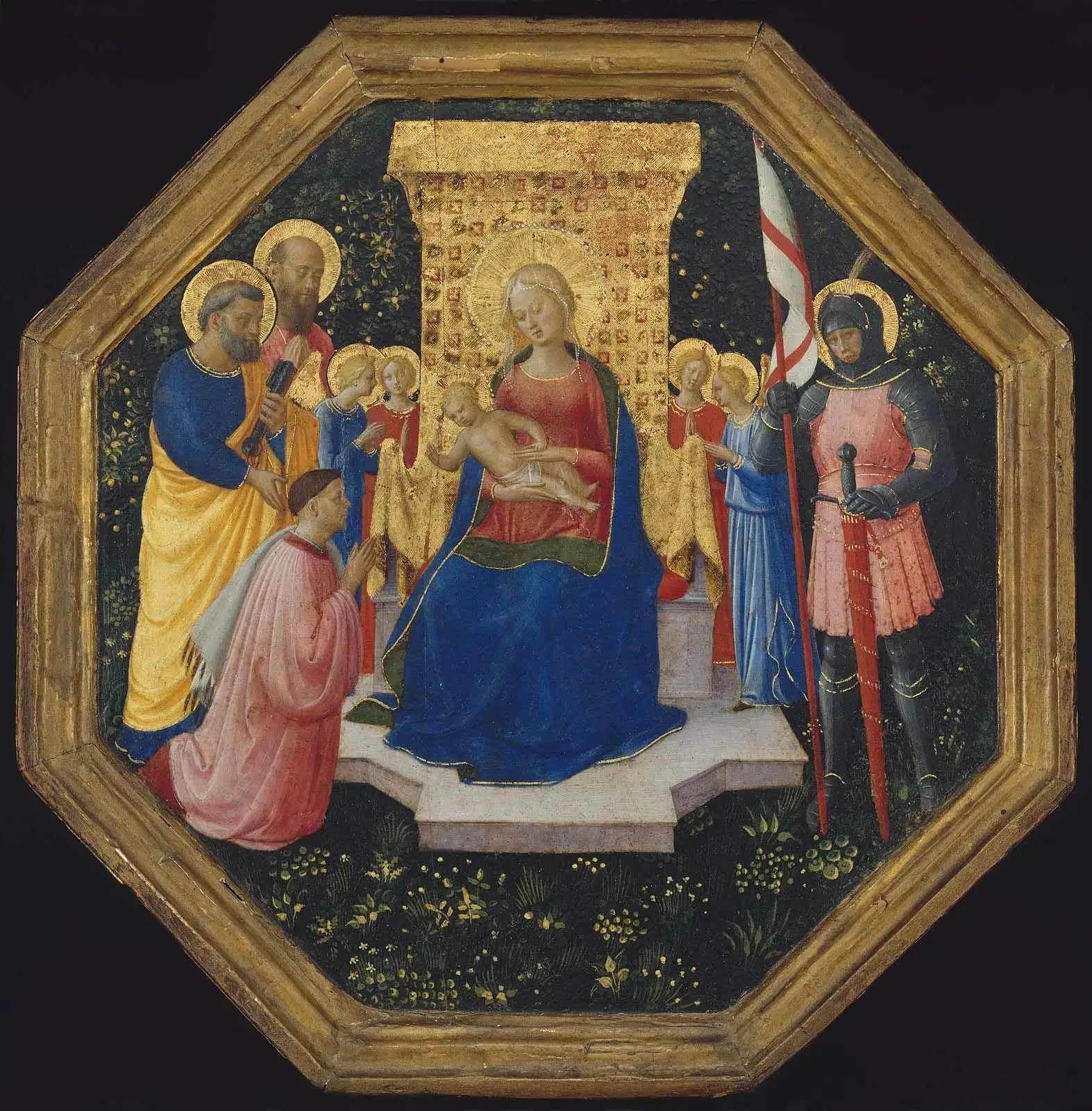 Vierge à l'Enfant en trône avec les saints Pierre, Paul et Georges (?), quatre anges et un donateur - Fra Angelico image 1 reproduction artisanale de tableau