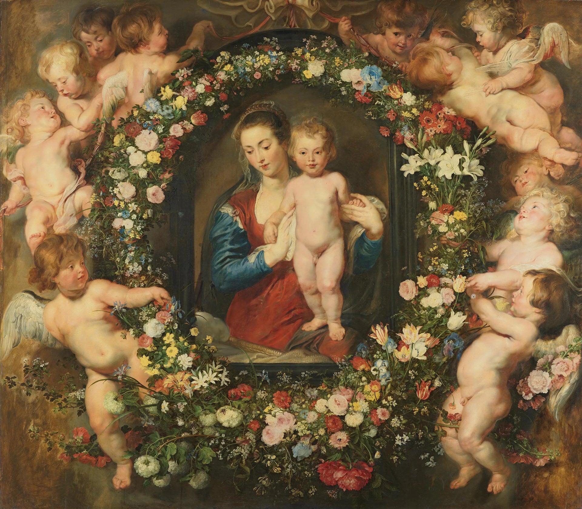 Vierge à l'Enfant entourée d'une guirlande de fleurs. - Jan Brueghel l'Ancien image 1 tableau peint à l’huile sur toile