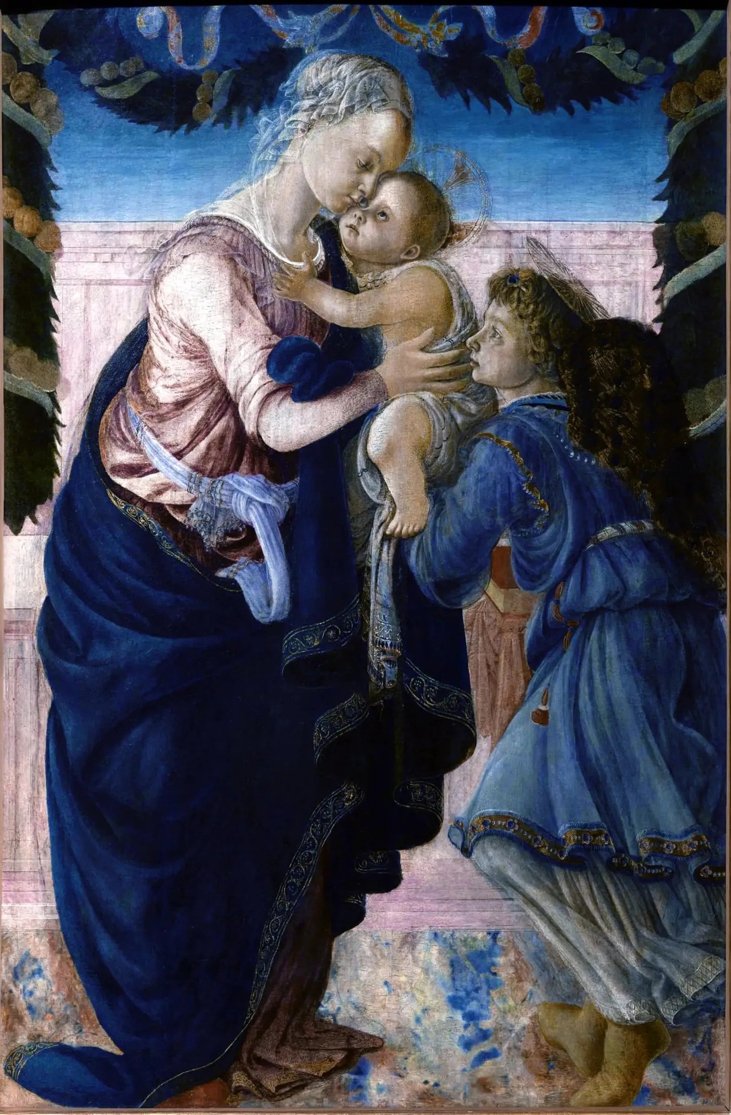 Vierge à l’Enfant soutenue par un ange sous une guirlande - Sandro Botticelli image 1 reproduction de peinture à l’huile