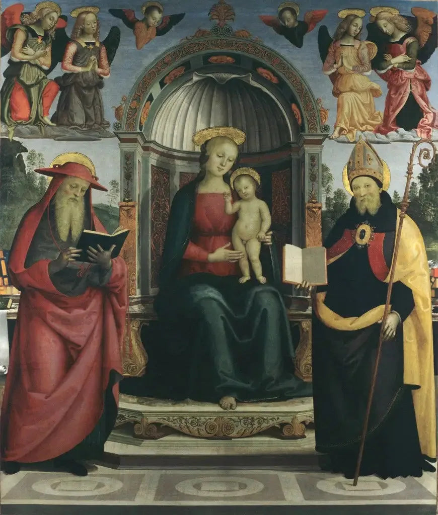 Vierge à l'Enfant sur le trône entre saint Jérôme, saint Augustin, quatre anges et deux chérubins - Pietro Perugino image 1 reproduction artisanale de tableau
