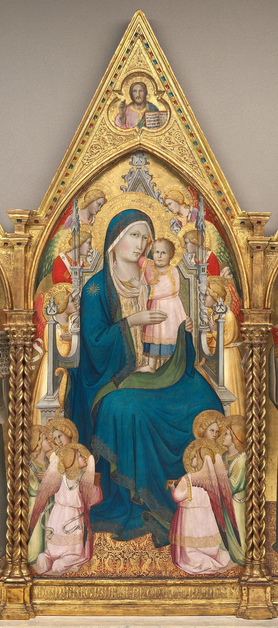 Vierge à l'Enfant trônant avec douze anges et le Christ bénissant [panneau central] - Agnolo Gaddi image 1 reproduction de peinture à l’huile