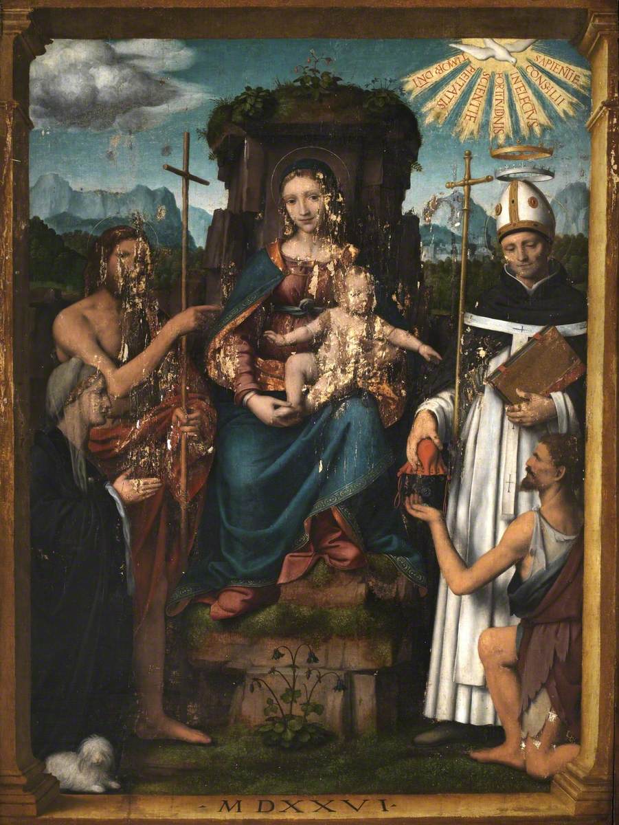 Vierge à l'Enfant trônant avec saint Jean-Baptiste, saint Antonin, une donatrice et un mendiant - Bernardino Luini image 1 copie de tableau peinte à la main