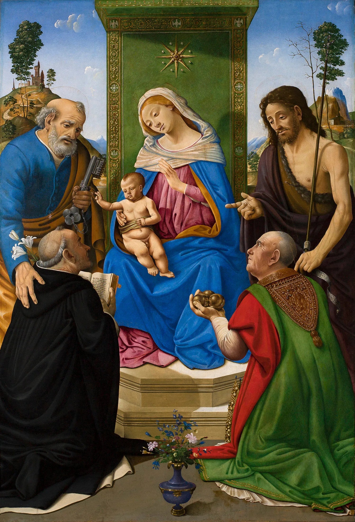 Vierge à l'Enfant trônant avec saint Pierre, saint Jean-Baptiste, saint Dominique et saint Nicolas de Bari - Piero di Cosimo image 1 reproduction de peinture à l’huile