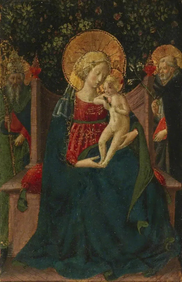 Vierge à l'Enfant trônant entre saint Dominique et un saint papal (anciennement attribué à Domenico di Michelino) - Benozzo Gozzoli image 1 reproduction réalisée par Alpha Reproduction