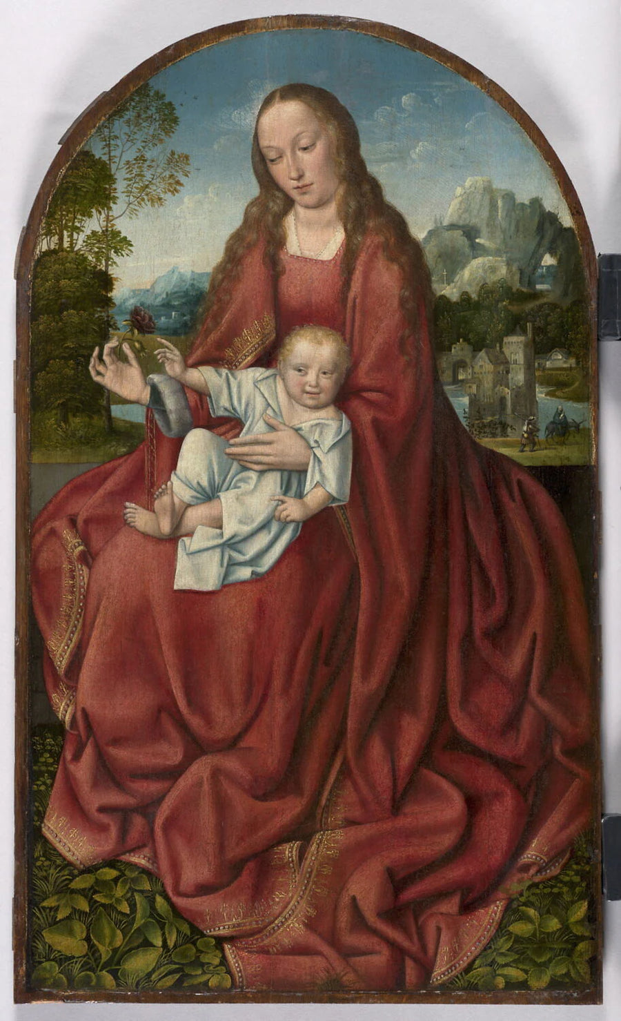 La Vierge à l'Enfant assise sur un muret, sur fond de paysage - Maître de Francfort