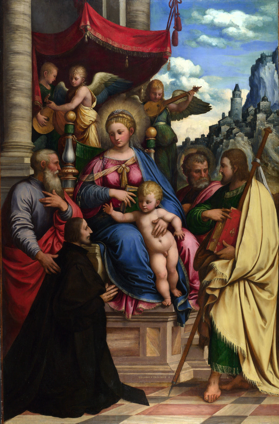 Vierge à l'enfant avec des anges, saints et un donateur - Girolamo da Treviso