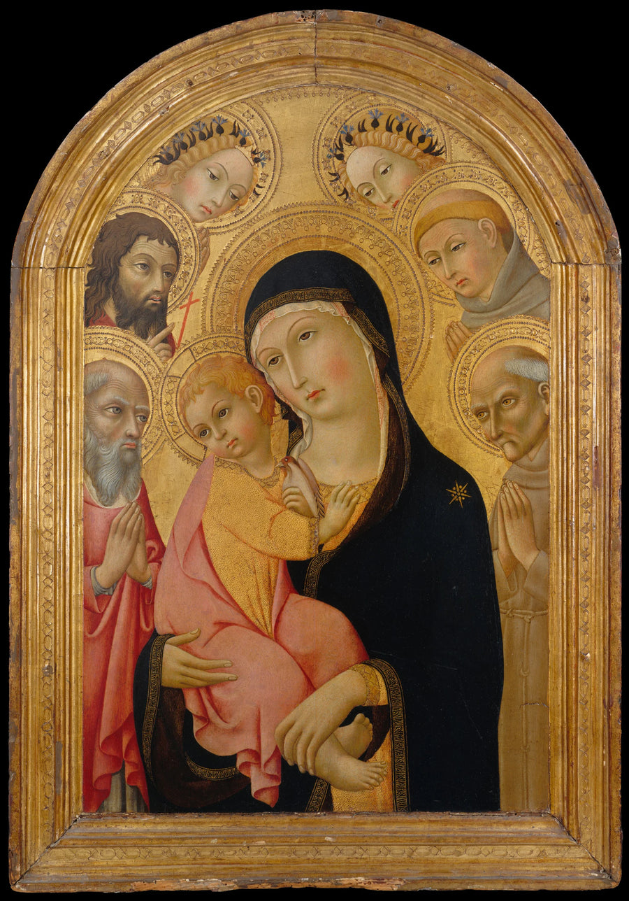 Vierge à l'Enfant avec les saints Jérôme, Bernardin, Jean-Baptiste et Antoine de Padoue et deux anges - Sano di Pietro (Ansano di Pietro di Mencio)