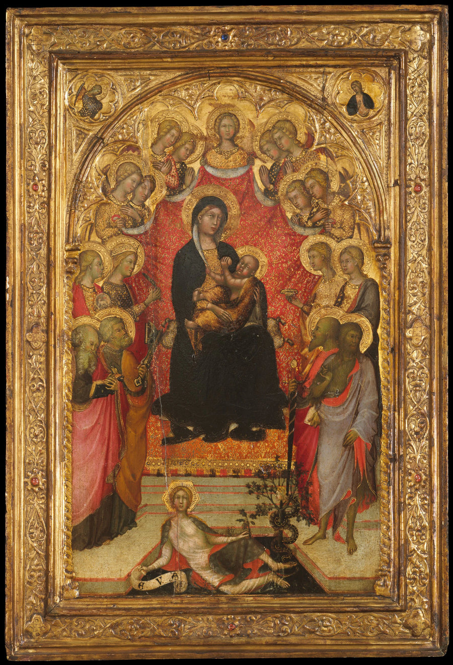 Vierge à l'Enfant intronisant avec saint Jean l'Évangéliste, saint Pierre, sainte Agnès, sainte Catherine d'Alexandrie, sainte Lucie, sainte non identifiée, saint Paul et saint Jean-Baptiste, avec Ève et le Serpent; l'Annonciation - Paolo di Giovanni Fei