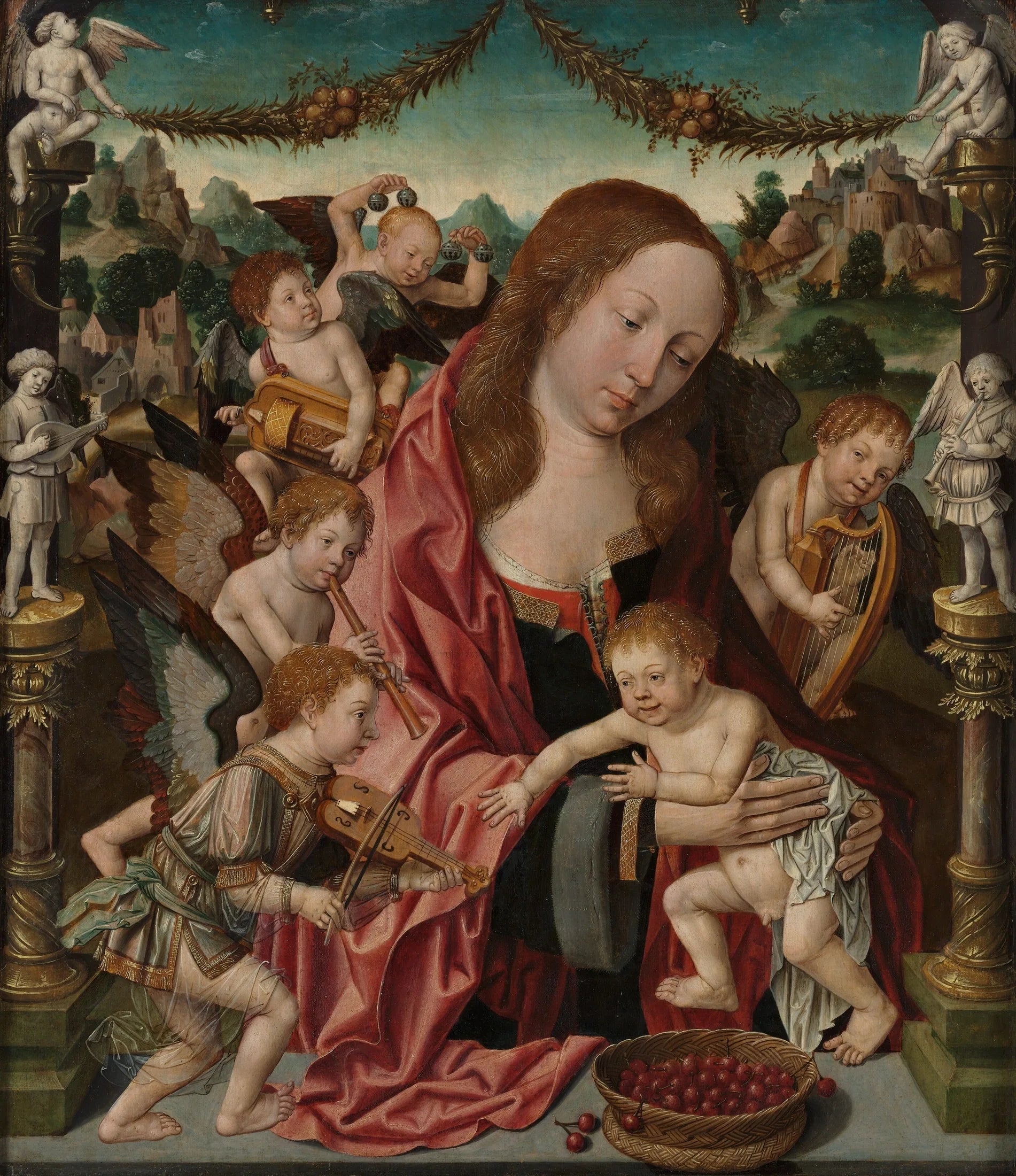 Vierge et enfant avec des anges musiciens - Jacob Cornelisz van Oostsanen image 1 copie de tableau peinte à la main