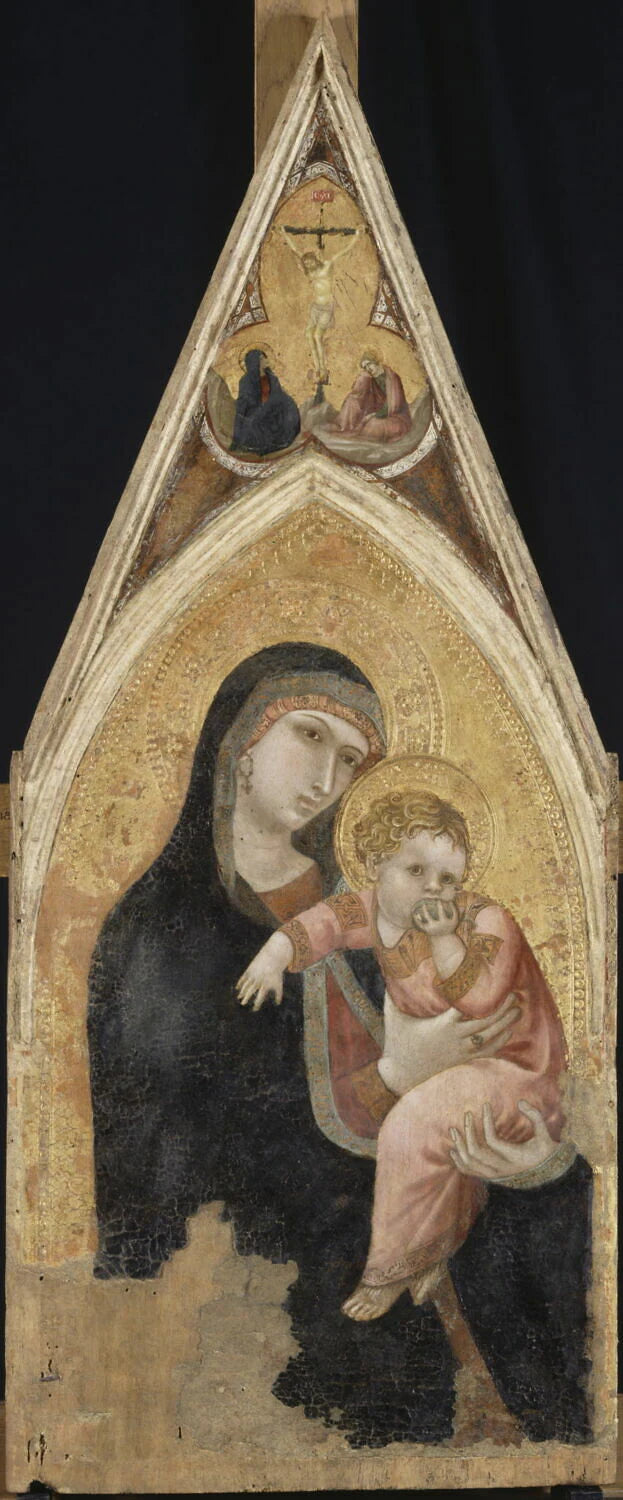 La Vierge et l'Enfant ; dans le médaillon trilobé à l'intérieur du gâble, Le Calvaire - Ambrogio Lorenzetti