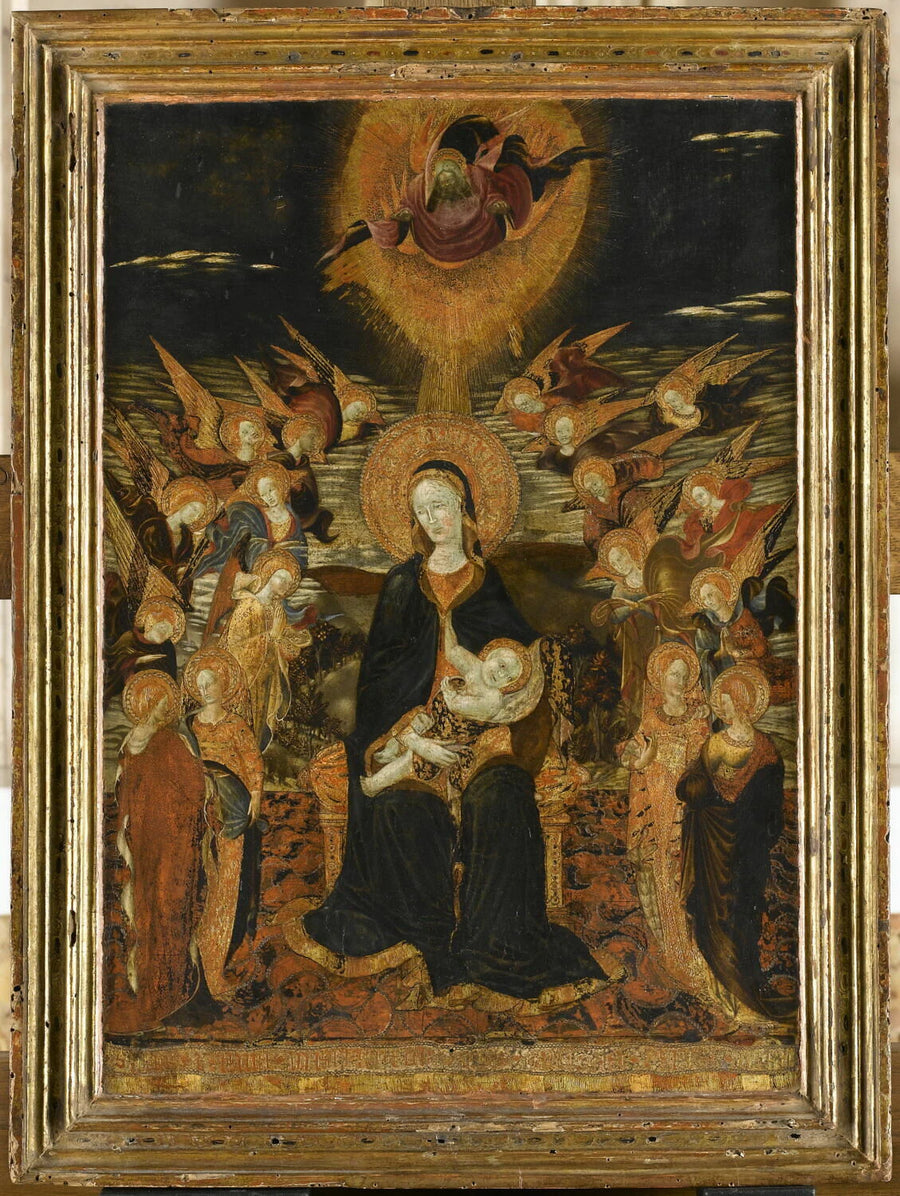 La Vierge et l'Enfant entourés d'anges et de saintes et surmontés par Dieu le Père bénissant - Pietro di Giovanni d'Ambrogio