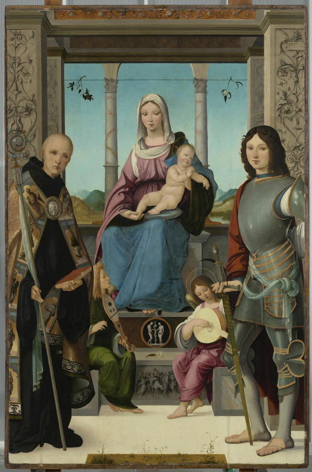 La Vierge et l'Enfant entourés de saint Benoît et de saint Quentin et de deux anges - Francesco Marmitta