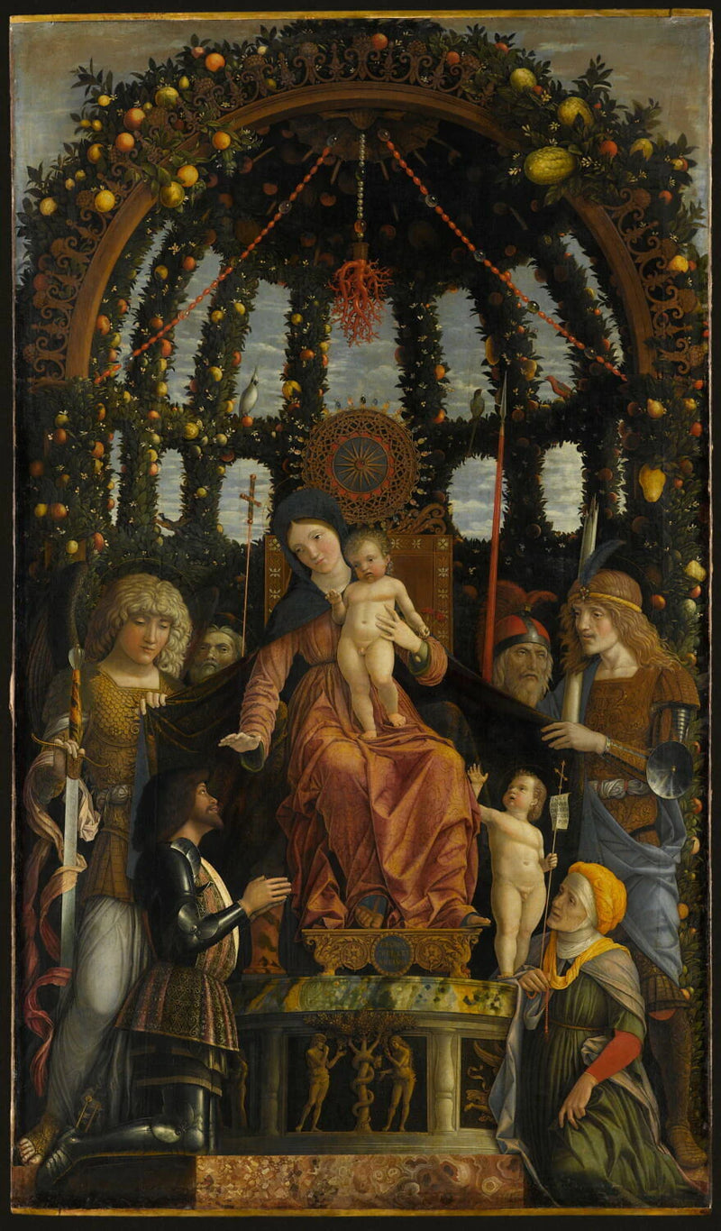 La Vierge et l'Enfant entourés de six saints (Michel, André, Longin, Georges, Élisabeth, le jeune saint Jean Baptiste) et adorés par Francesco II Gonzaga, dit La Vierge de la Victoire. - Andrea Mantegna