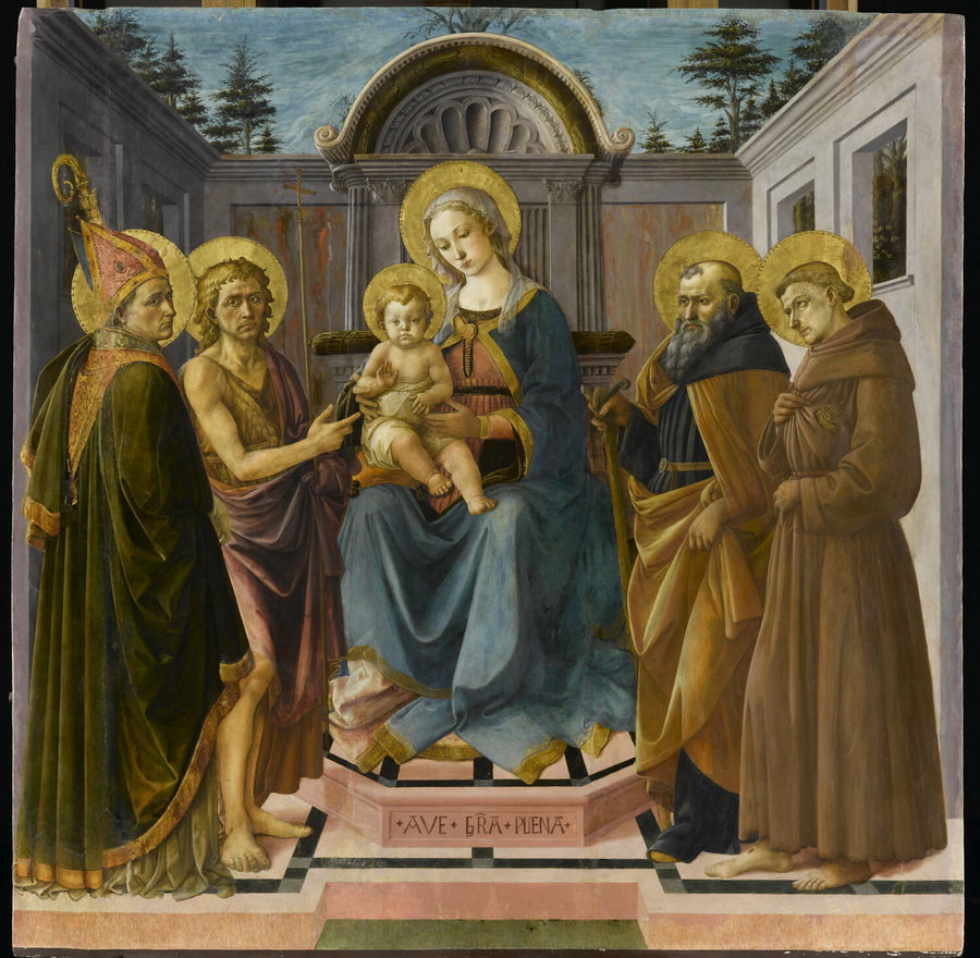 La Vierge et l'Enfant entre saint Zanobie (?), saint Jean-Baptiste, saint Antoine abbé et saint François - Pesellino (Francesco di Stefano, dit)