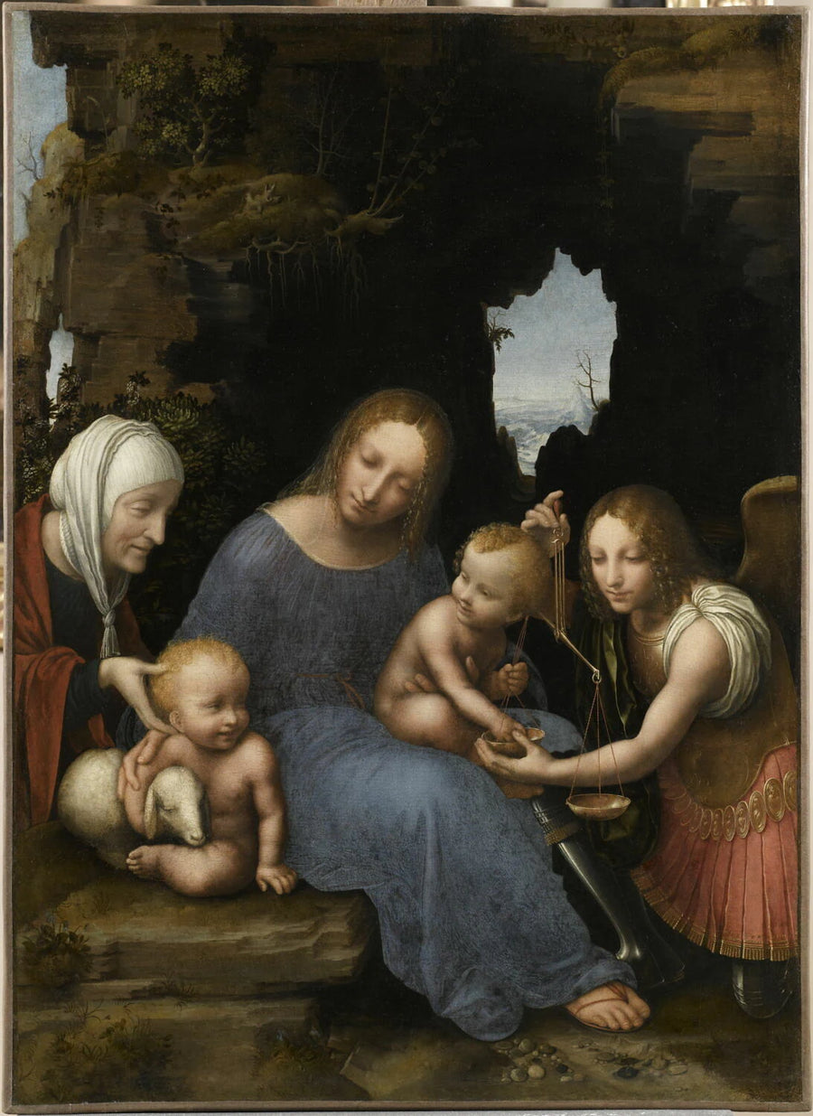 La Vierge et l'Enfant Jésus avec sainte Élisabeth, le petit saint Jean Baptiste et saint Michel, dit La Vierge aux balances - Maître de la Vierge aux Balances