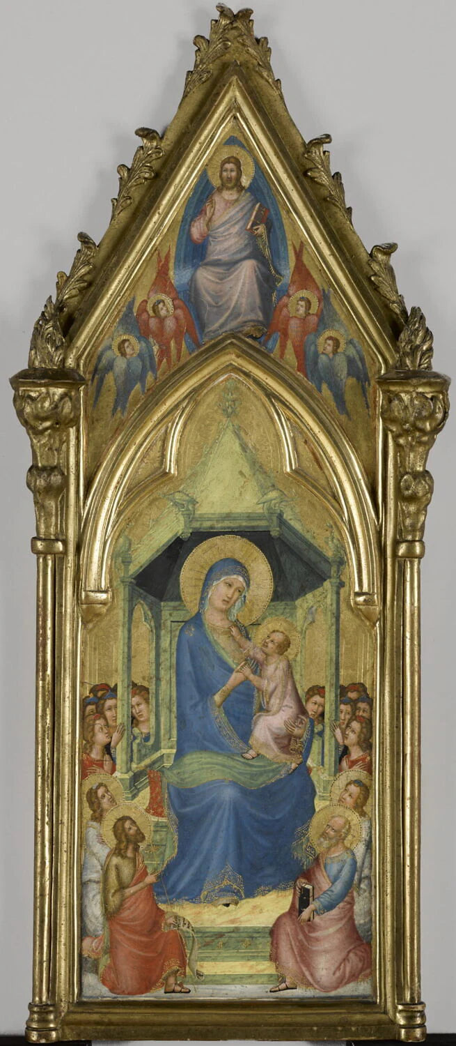 La Vierge et l'Enfant sur un trône entre des anges et quatre saints (Jean Baptiste et Jean l'Évangéliste à gauche, deux autres saints à droite) ; à l'intérieur du gâble, Dieu le Père dans une mandorle entouré de... - Maître du Codex de Saint Georges