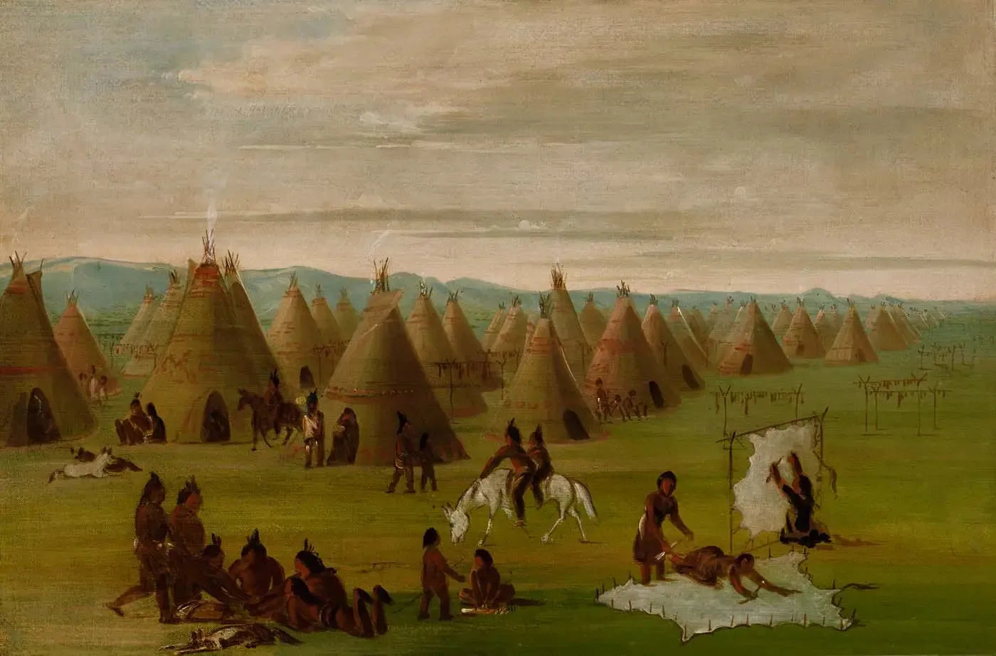 Village comanche, femmes en train de préparer leurs robes et de sécher la viande - George Catlin image 1 reproduction de peinture à l’huile