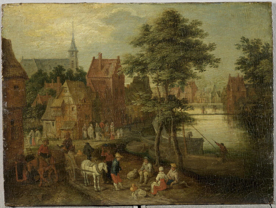 Village de Flandre traversé par une rivière avec des charrettes sur la route - Pieter Gijsels