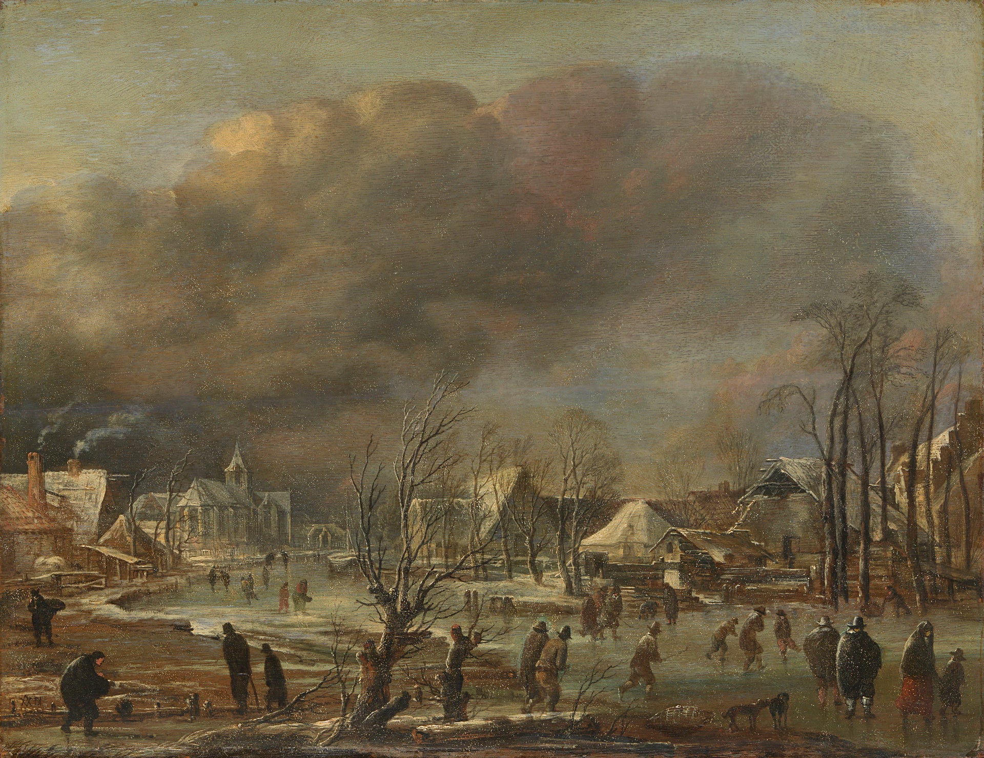 Village sur un canal gelé lors d'une averse de neige - Aernout van der Neer