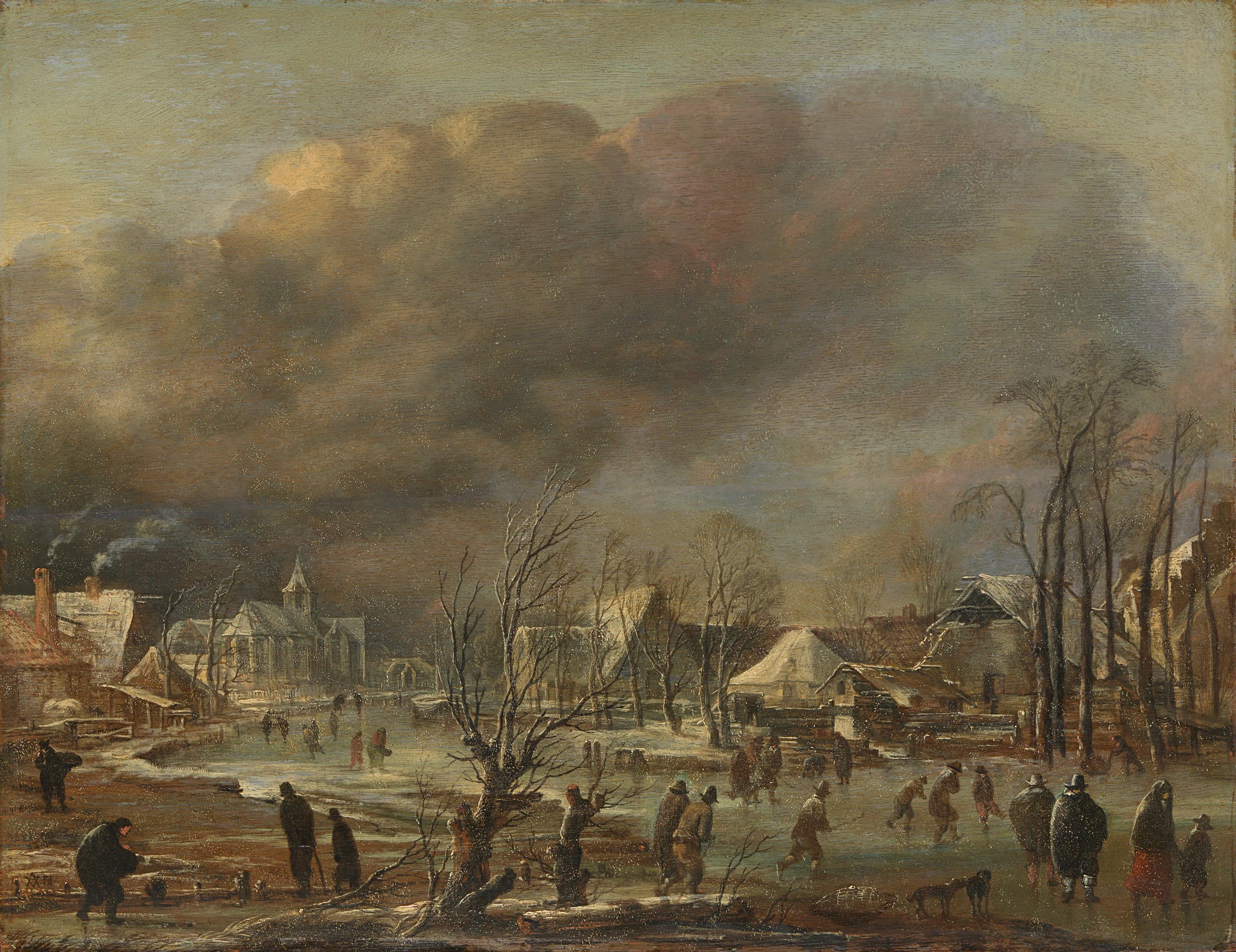 Village sur un canal gelé lors d'une averse de neige - Aernout van der Neer