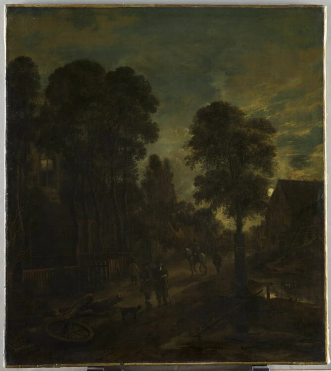 Village traversé par une route. Effet de clair de lune - Aert van der Neer