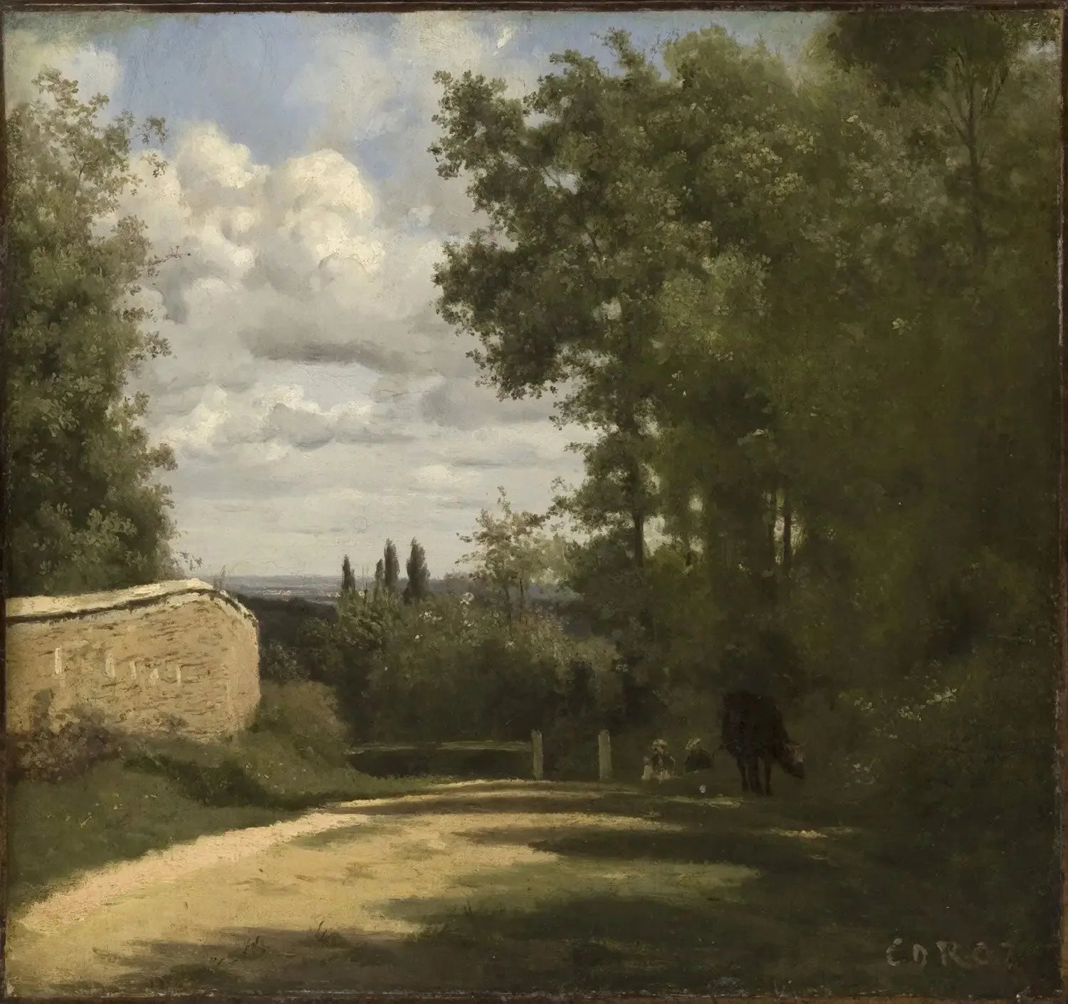 Ville d'Avray, chemin bordé d'un mur menant aux étangs - Jean-Baptiste Camille Corot image 1 reproduction de peinture à l’huile