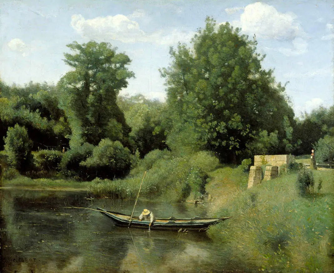 Ville-d'Avray. Le pêcheur auprès de l'écluse - Jean-Baptiste Camille Corot image 1 tableau peint à l’huile sur toile