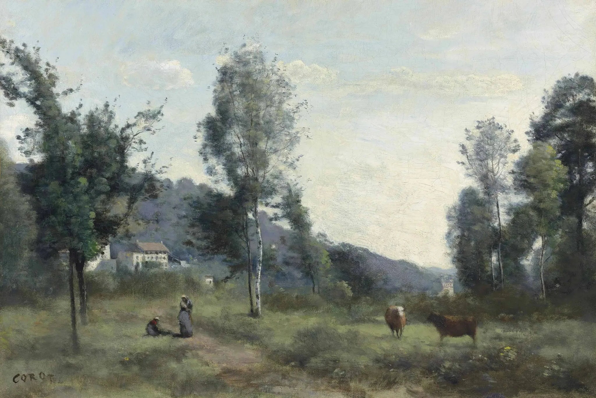 Ville d'Avray, pâturage avec, au fond, un côteau dans la brume - Jean-Baptiste Camille Corot image 1 reproduction de peinture à l’huile