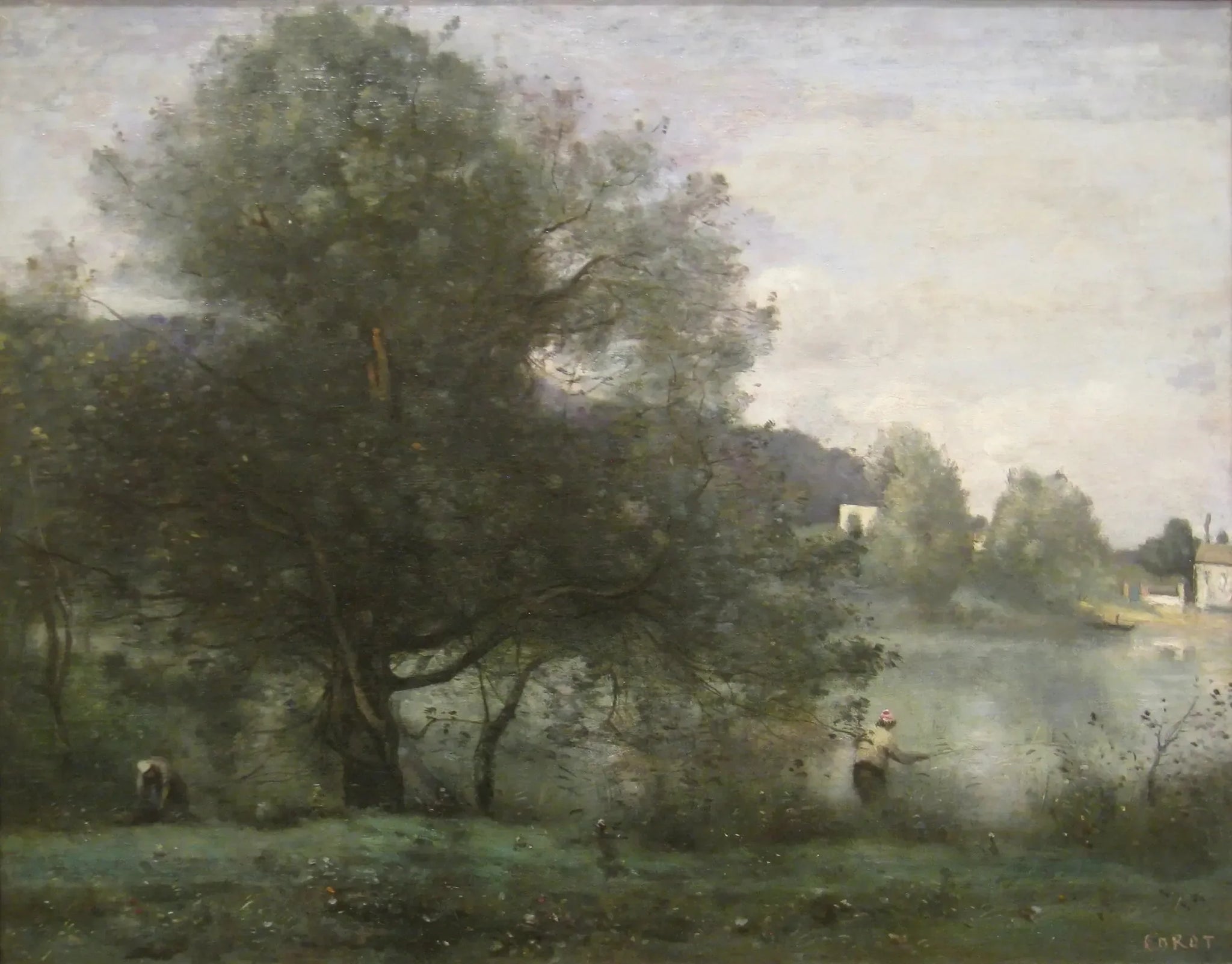 Ville-d'Avray. Un pêcheur au bord de l'étang - Jean-Baptiste Camille Corot image 1 copie de tableau peinte à la main