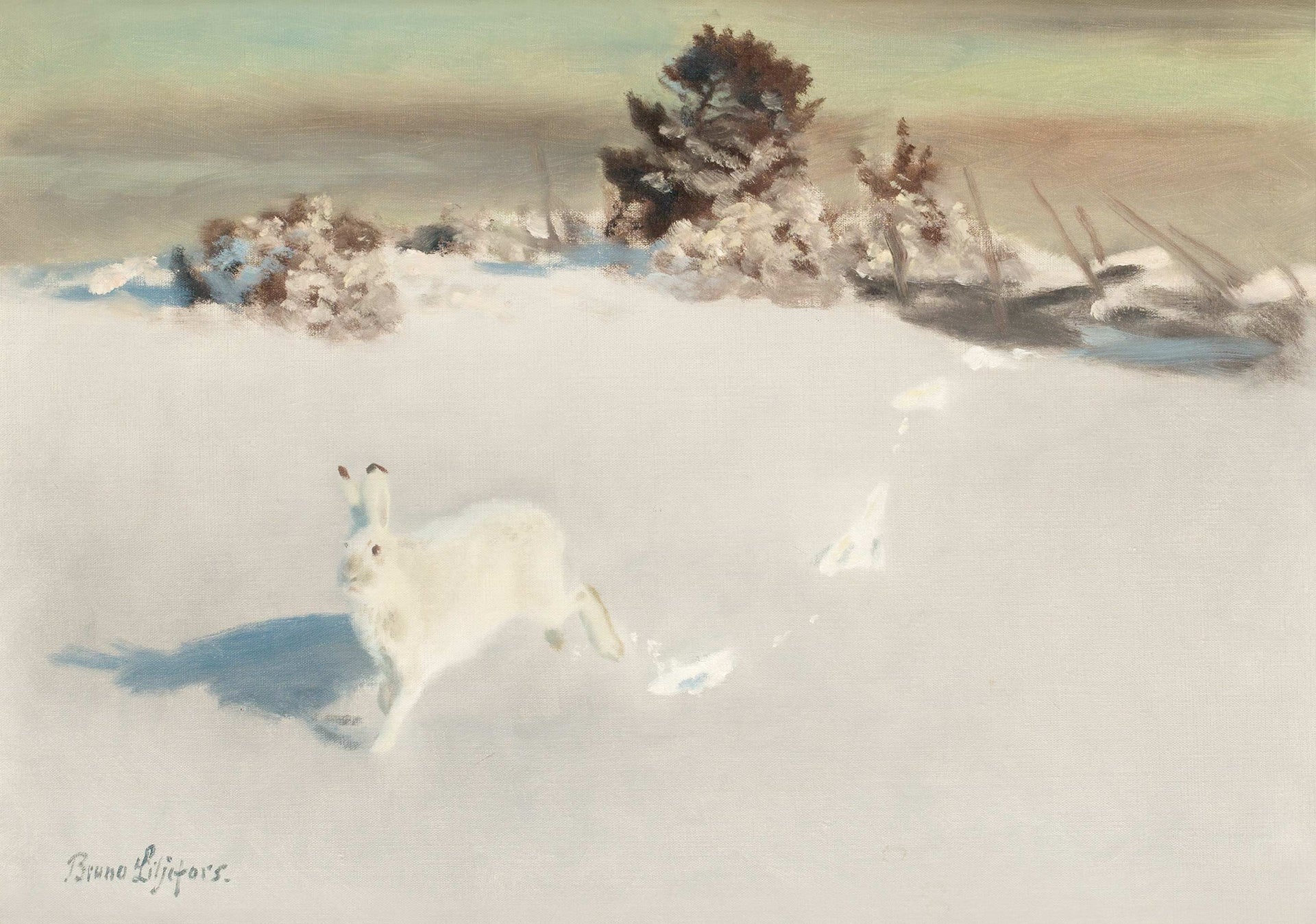 Vinterhare vid gärdesgård - Bruno Liljefors image 1 reproduction d’œuvre d’art à l’huile