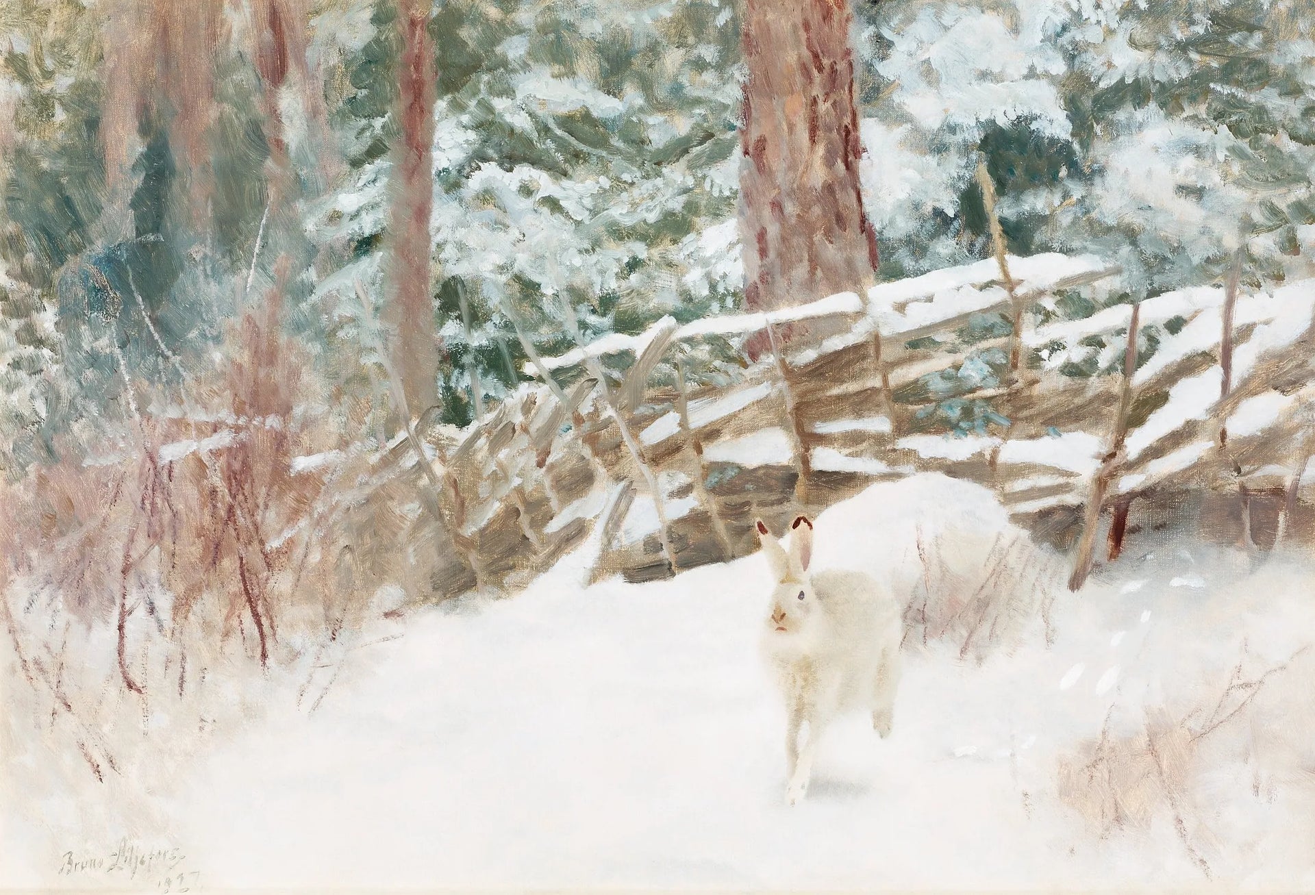 Vinterhare vid gärdsgård - Bruno Liljefors image 1 copie de tableau peinte à la main