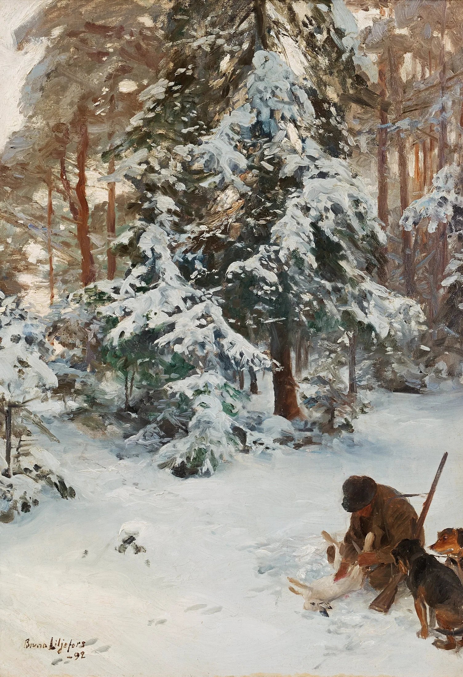 Vinterlandskap med jägare och hundar - Bruno Liljefors image 1 reproduction d’œuvre d’art à l’huile