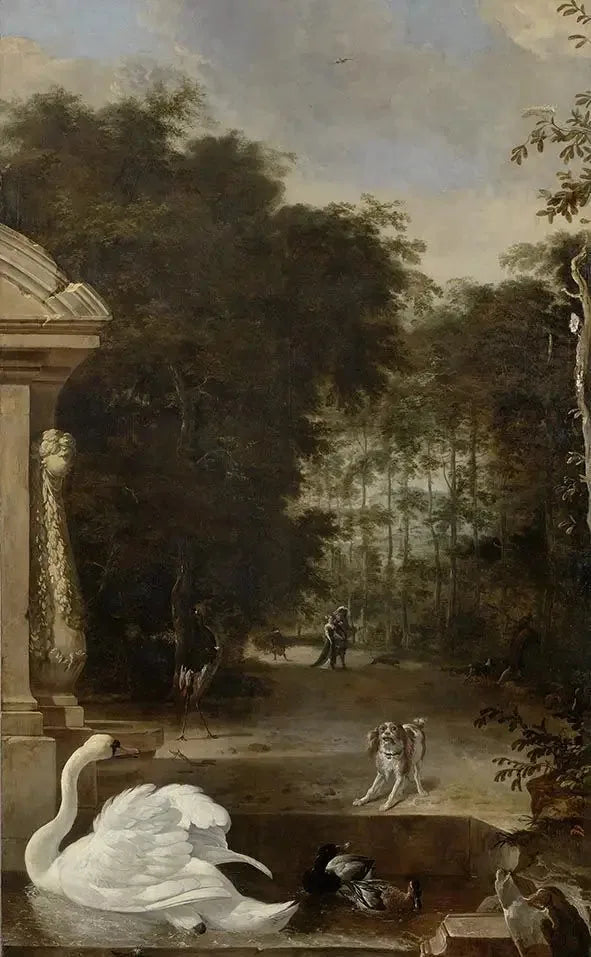 Vogelpark mit Schwan und Hund - Melchior de Hondecoeter