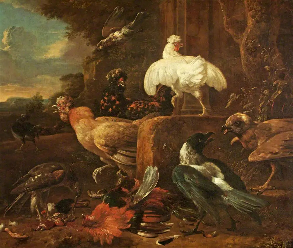 Volaille attaquée par des oiseaux prédateurs dans un paysage - Melchior de Hondecoeter image 1 copie peinte à la main à l’huile