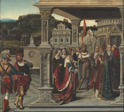 Volet gauche du retable de la confrérie de la Sainte-Croix à Furnes. Avers : Sainte Hélène devant le pape à Rome. Revers : Le Christ succombant sous la croix - Bernard van Orley