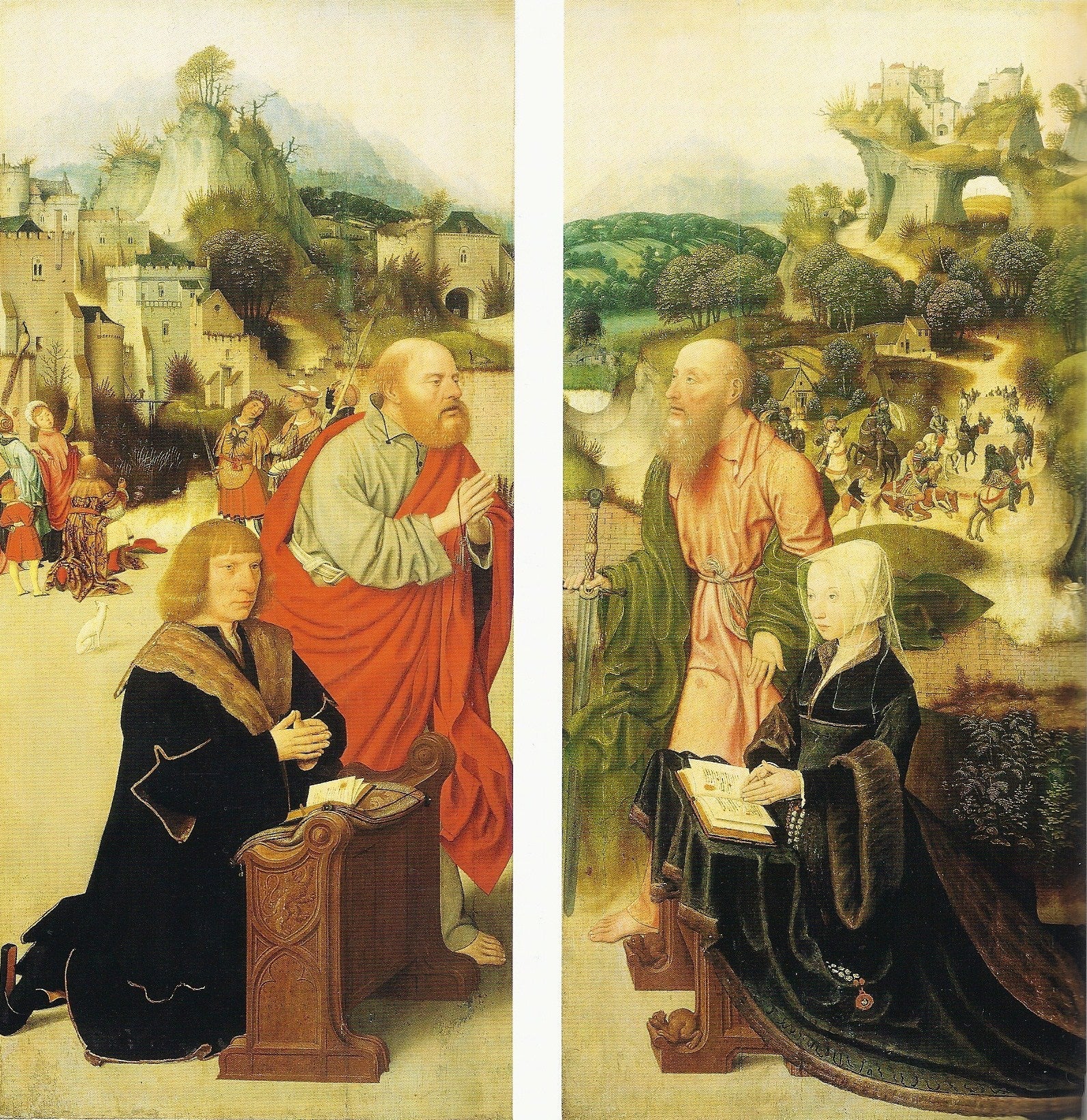 Volets de retable. Volet gauche : Albrecht Adriaensz. van Adrichem (?) présenté par saint Pierre. Volet droit : Elisabeth van Dorp (?) présenté par saint Paul - Jan Mostaert image 1 reproduction artisanale de tableau