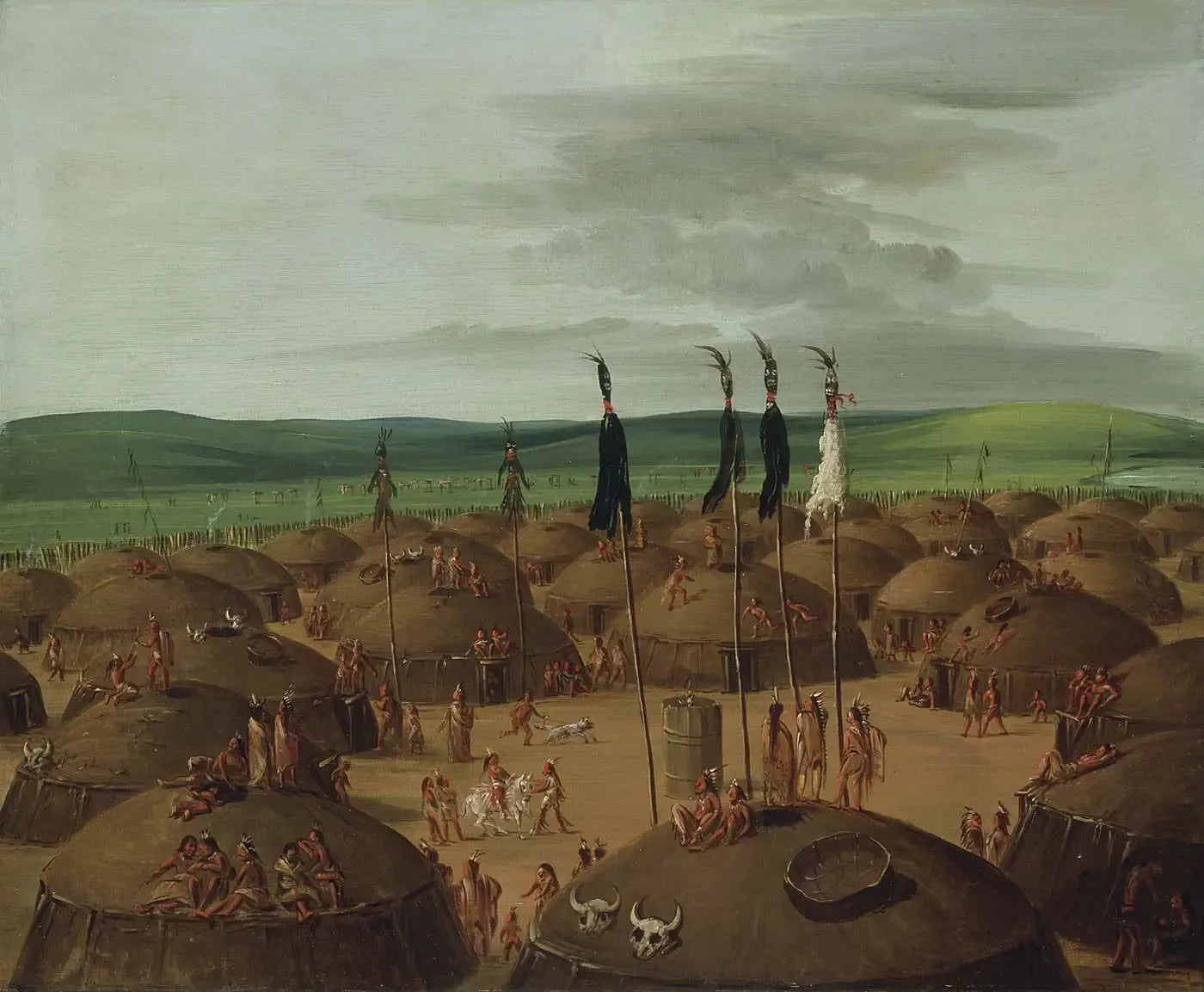Vue aérienne du village de Mandan, à 1800 milles au-dessus de Saint-Louis - George Catlin image 1 copie peinte à la main à l’huile