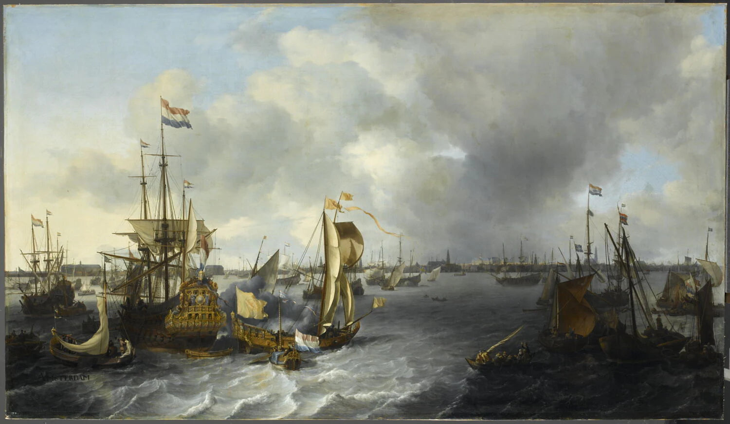 Vue d'Amsterdam avec bateaux sur la baie de l'IJ - Ludolf Backhuysen