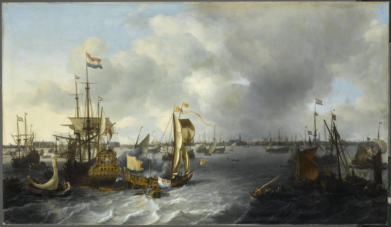 Vue d'Amsterdam avec bateaux sur la baie de l'IJ - Ludolf Backhuysen