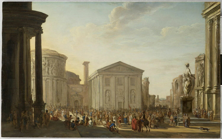Vue d'architectures antiques avec une foule en cortège - Jacob van der Ulft