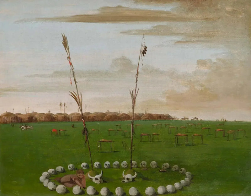 Vue arrière du village de Mandan, montrant le cimetière - George Catlin