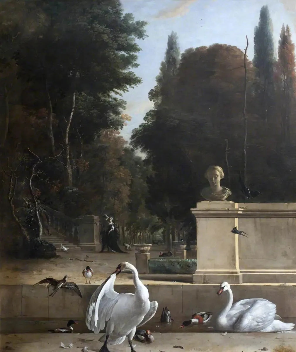 Vue d'un parc avec des cygnes et des canards - Melchior de Hondecoeter image 1 reproduction artisanale de tableau