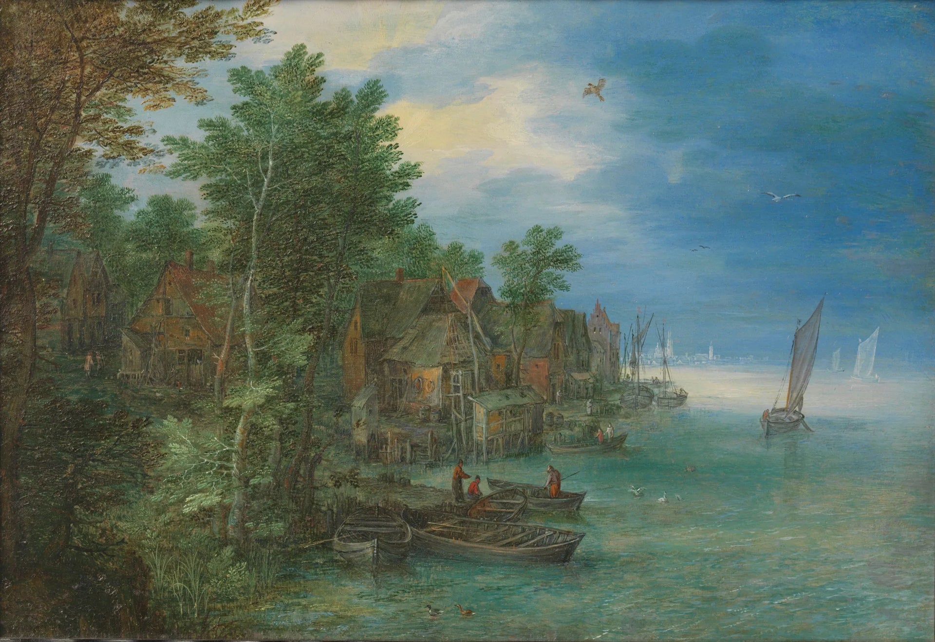Vue d'un village au bord d'une rivière - Jan Brueghel l'Ancien image 1 copie de tableau peinte à la main