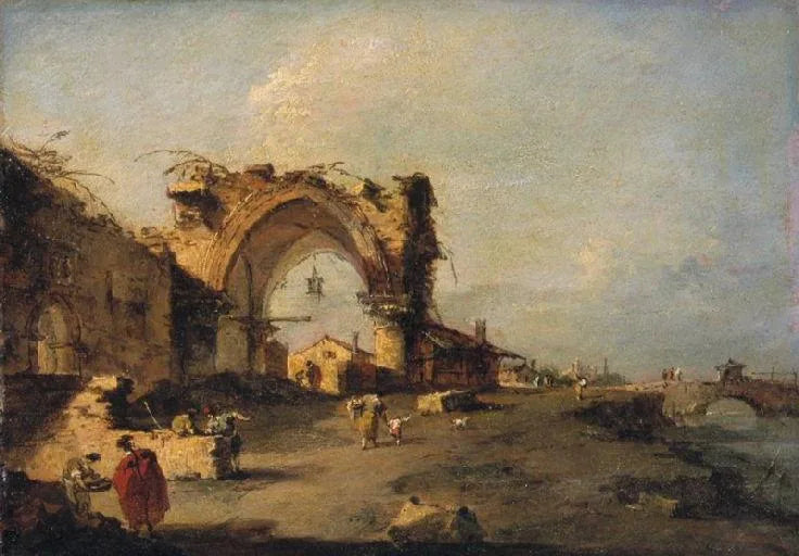 Vue d'une bourgade avec un pont et une porte gothique monumentale en ruine - Francesco Guardi image 1 reproduction artisanale de tableau