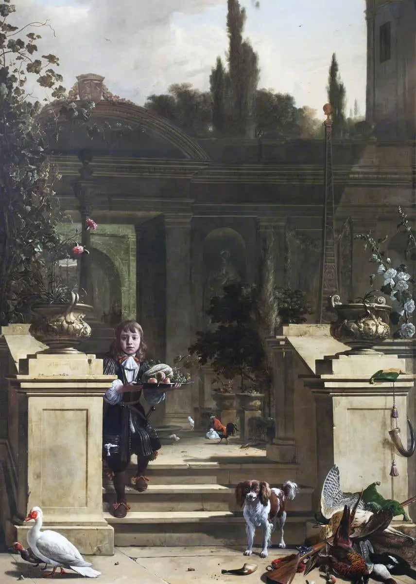 Vue d'une terrasse avec une page descendante - Melchior de Hondecoeter image 1 copie peinte à la main à l’huile