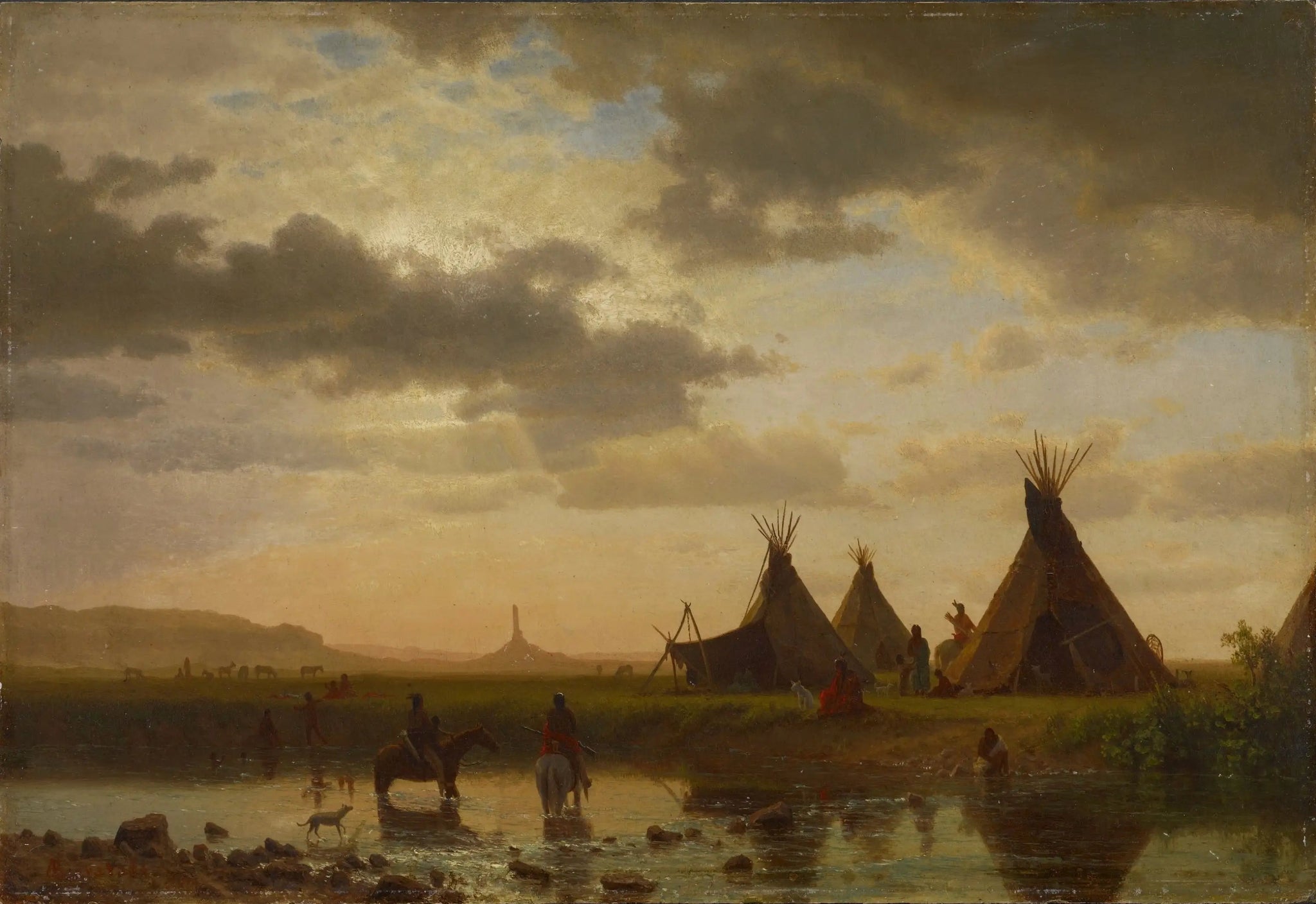 Vue de Chimney Rock, village sioux d'Ohalilah au premier plan - Albert Bierstadt image 1 copie peinte à la main à l’huile