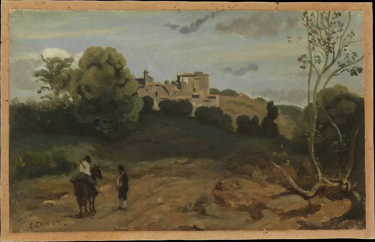 Vue de Genzano avec un cavalier et un paysan - Jean-Baptiste Camille Corot image 1 reproduction d’œuvre d’art à l’huile
